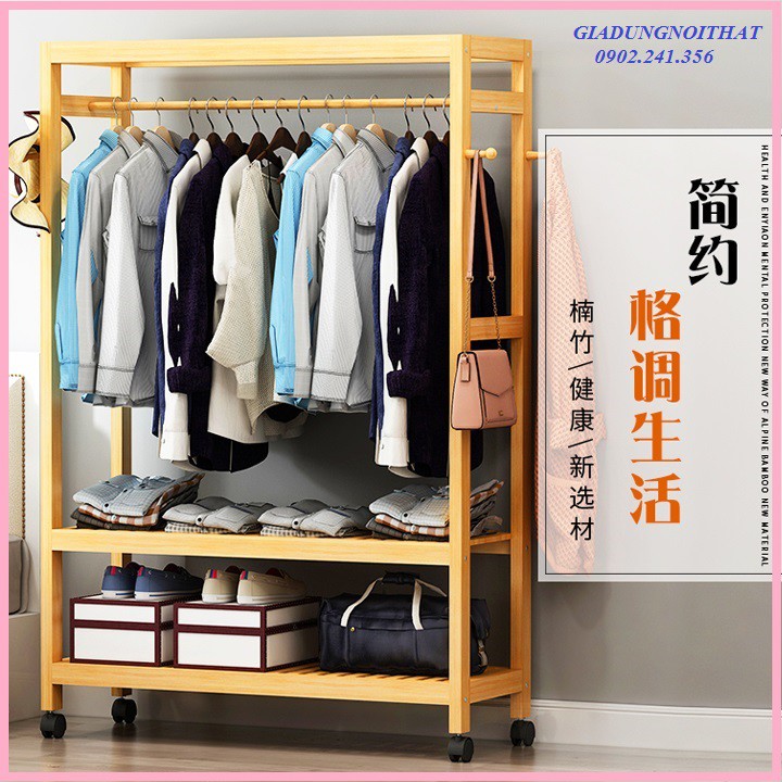 RE0268 Tủ treo quần áo gỗ tre 100cm có bánh xe - Tủ treo quần áo - Giàn treo quần áo
