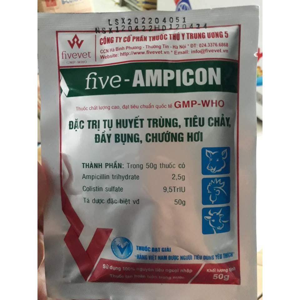 Five - Ampicon   50gr - 100g - phân xanh, phân trắng tụ huyết trùng, tiêu chảy, chướng hơi