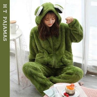 Bộ Ngủ Bông Xanh Mũ Ếch Ấm Áp