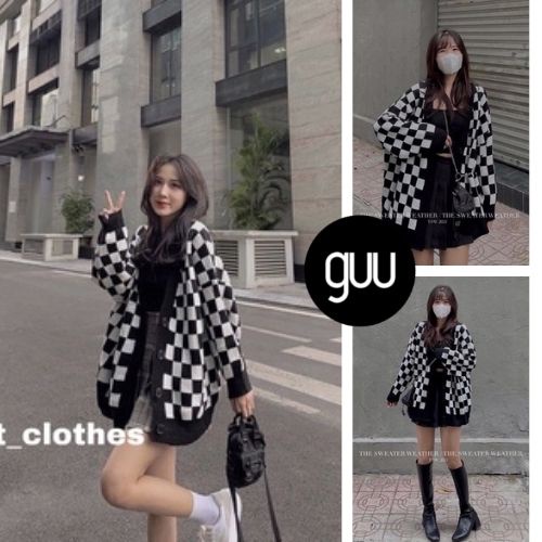 Áo cardigan nữ hàn quốc phối họa tiết bàn cờ đen trắng form rộng tay dài một hàng cúc GUU