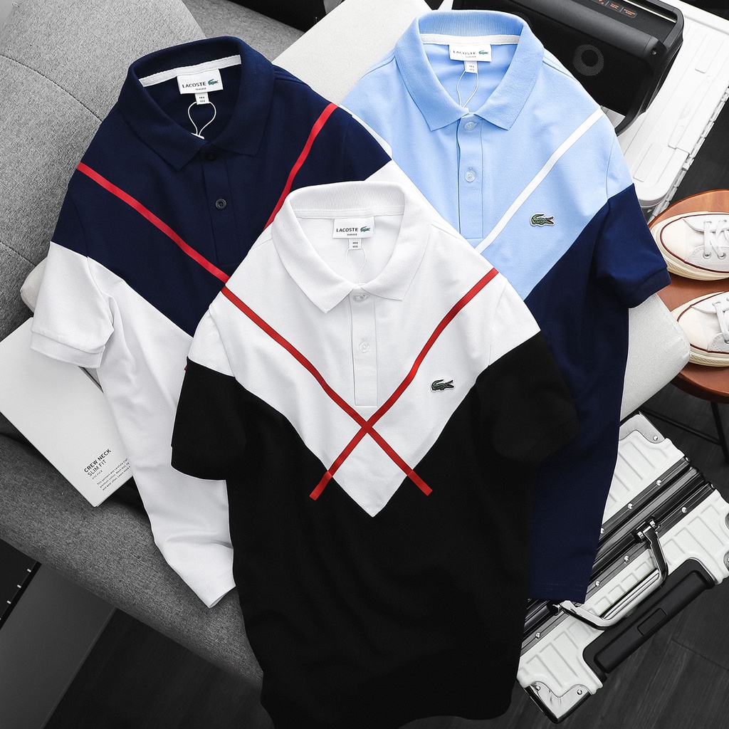 Áo Thun Nam Polo Lacoste Sọc Chéo 3 màu Logo Cá Sấu Thêu cực xịn - vải nhẹ mát