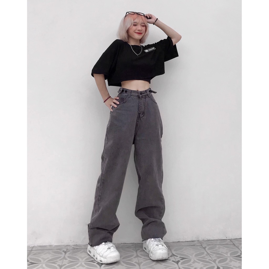 Quần jean nữ ống rộng lưng cao dáng suông xám (ẢNH THẬT) | BigBuy360 - bigbuy360.vn