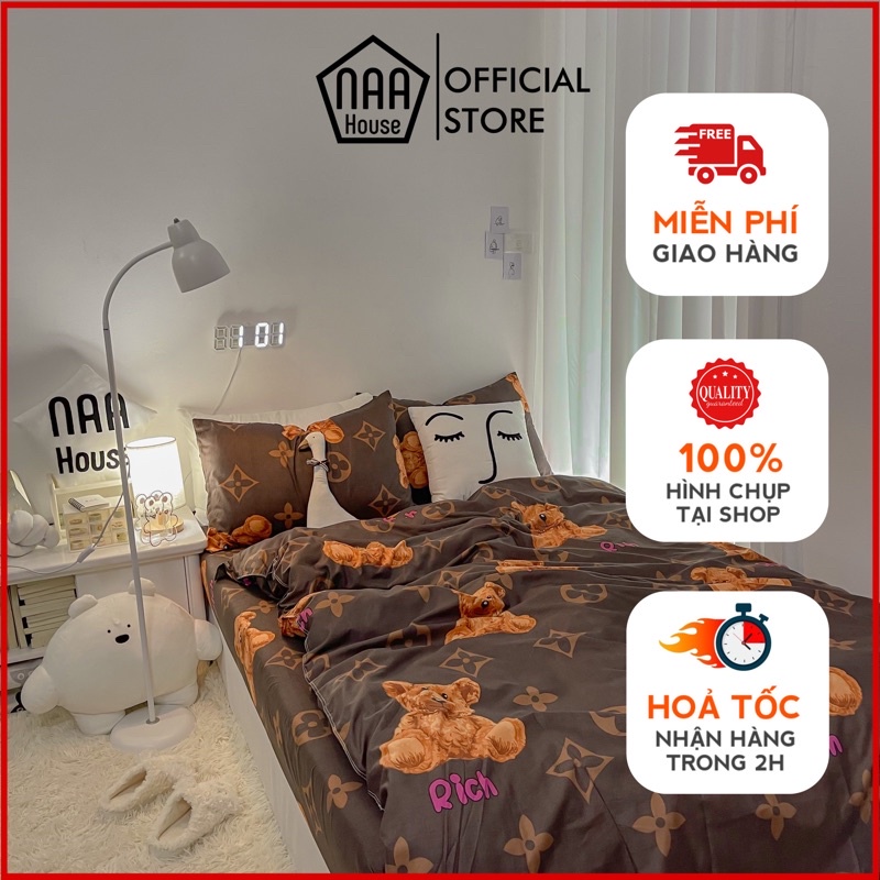 Bộ vỏ chăn ga gối NAA House - Mẫu gấu nâu