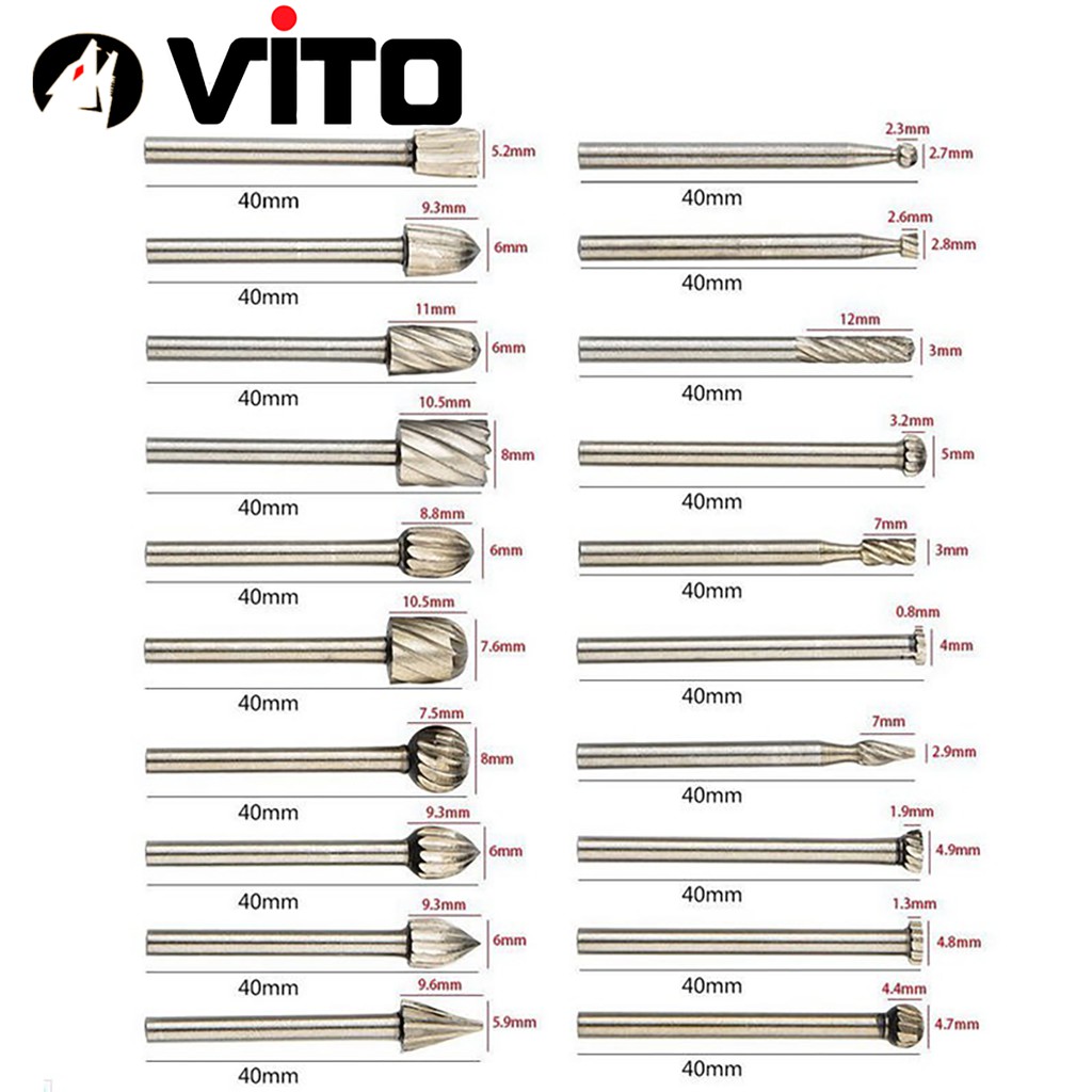 Bộ 10/20 Đầu Mũi Mài Khắc Làm Gỗ Lũa VITO Phủ Titanium Cán 3mm