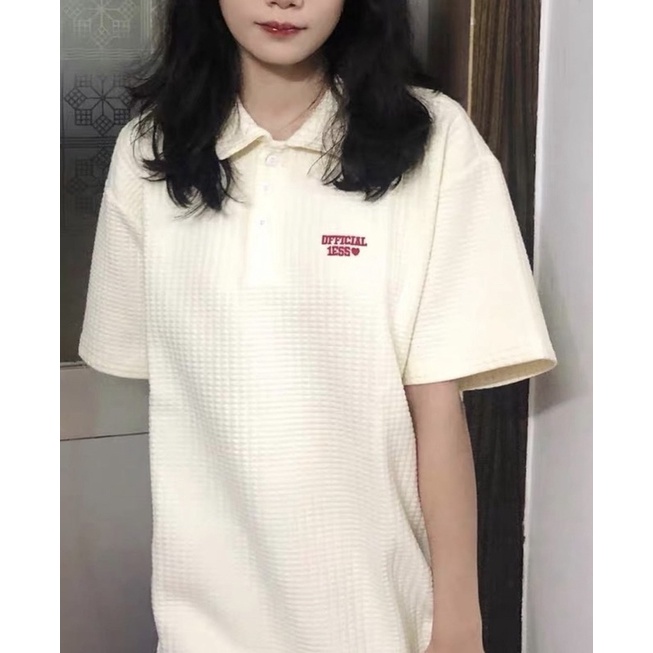 Áo Polo nữ form rộng Xốp ô vuông 1ESS❤️ [FREESHIP] Áo cổ bẻ trắng thêu chữ lạ mắt cực chất