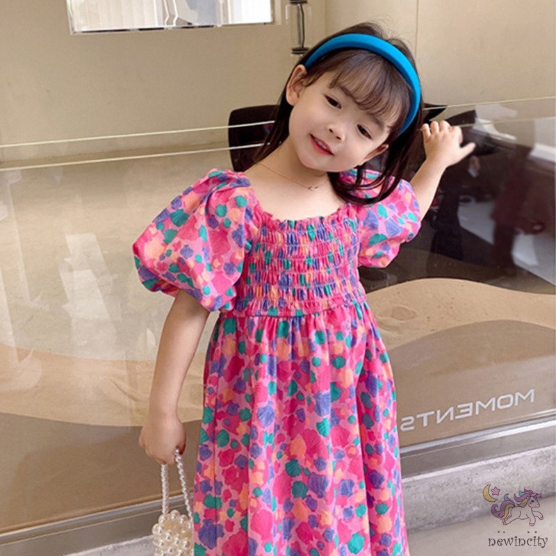 Đầm Công Chúa Tay Phồng Ngắn In Hoa Kiểu Hàn Quốc Thời Trang Mùa Hè Cho Bé Gái