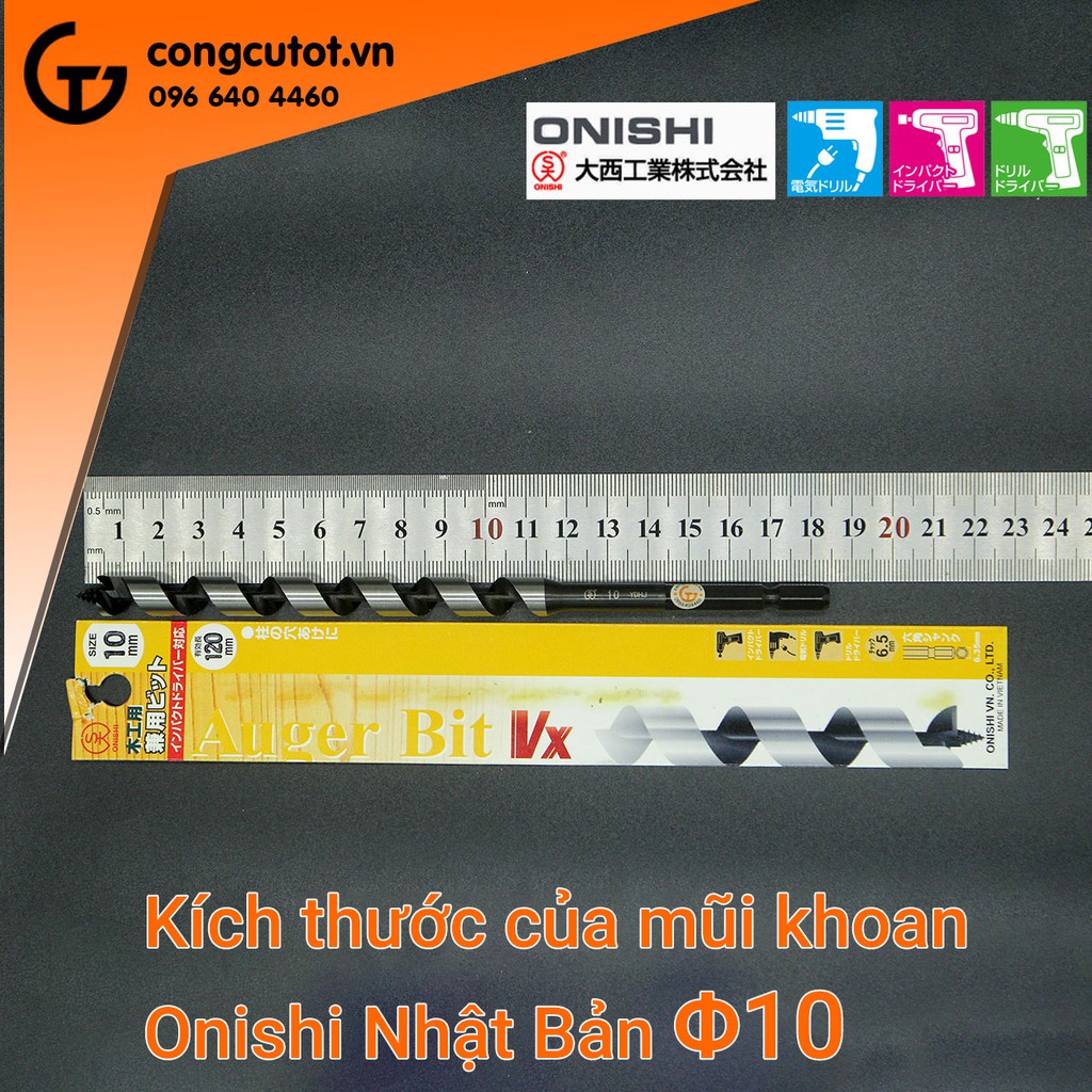 (∅3-∅12) Mũi khoan gỗ xoắn ốc Auger chuôi lục Onishi NO2