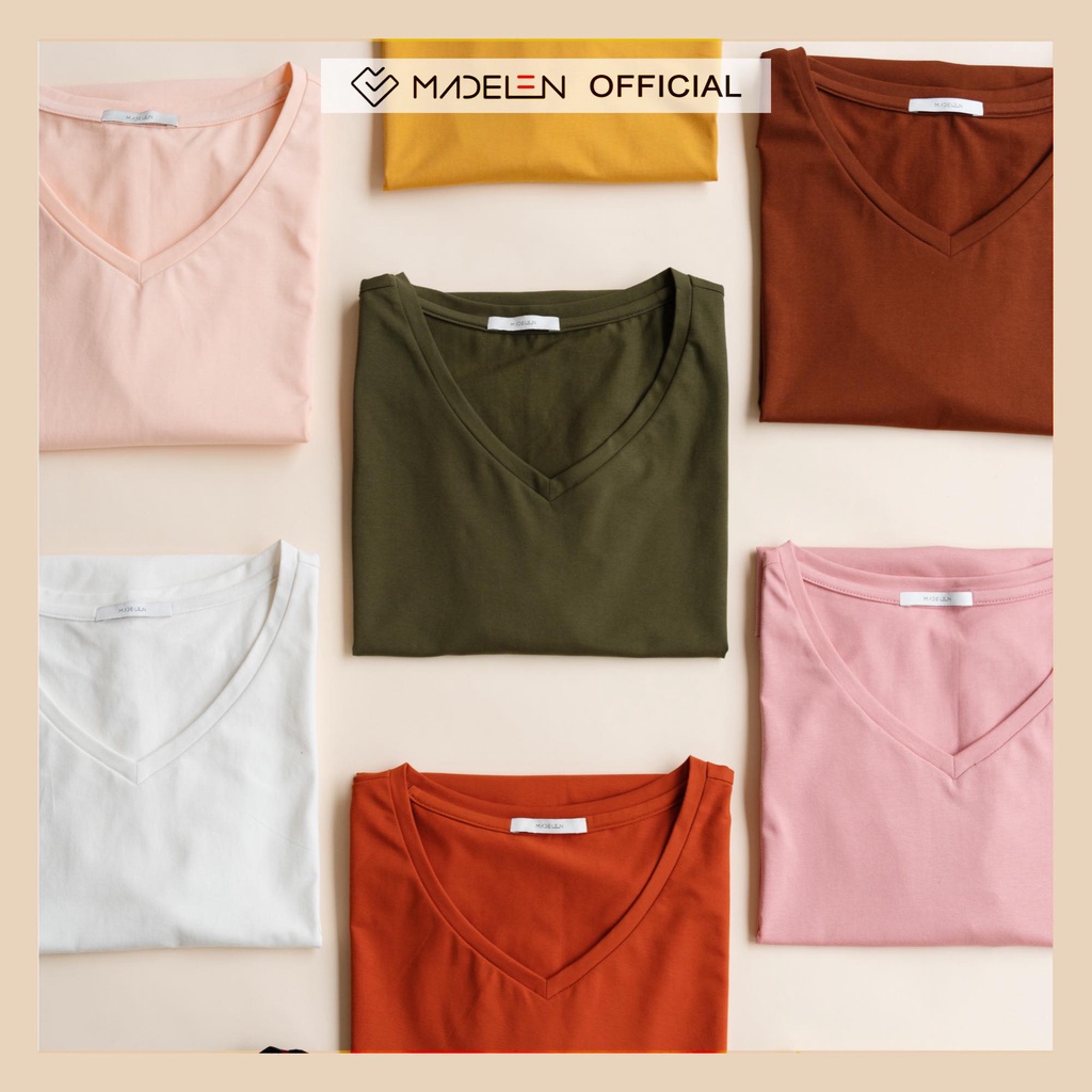 Áo thun ngắn tay nữ MADELEN dáng cổ tim tay lơ vê nhiều màu