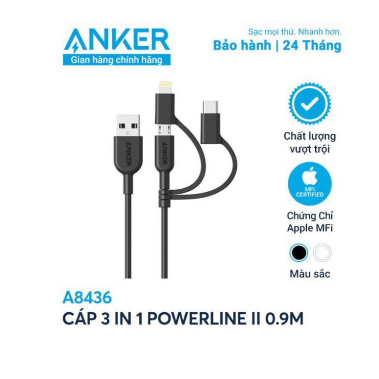 Cáp sạc 3 đầu ANKER PowerLine II MFi Lightning - USB TypeC-Micro USB 0.9m (3 in 1)-A8436