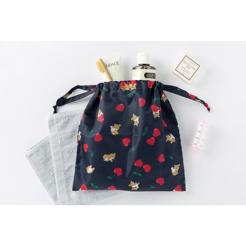 Túi Dây Rút ARTBOX Hàn Quốc Màu Xanh Navy Họa Tiết Hoa Anh Đào Và Chú Chó Shiba
