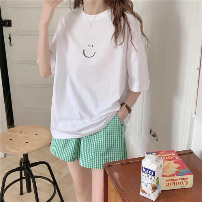 Set Thun Trơn Form Rộng Hình Mặt Cười ⚡ Casper.Store | FREESHIP | ⚡ Bộ phông cộc tay oversize kèm short cạp chun kẻ caro