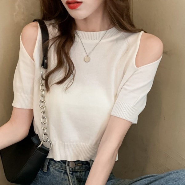 Áo Thun Tay Ngắn Hở Vai Mùa Hè Bằng Lụa Băng Phong Cách Mới Dành Cho Bạn Nữ