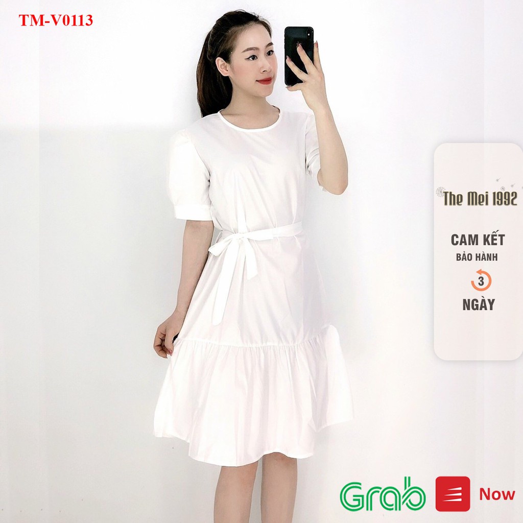 Đầm babydoll nữ The Mei 1992 - Váy suông tay ngắn kèm đai lưng dáng dài đuôi cá siêu đẹp