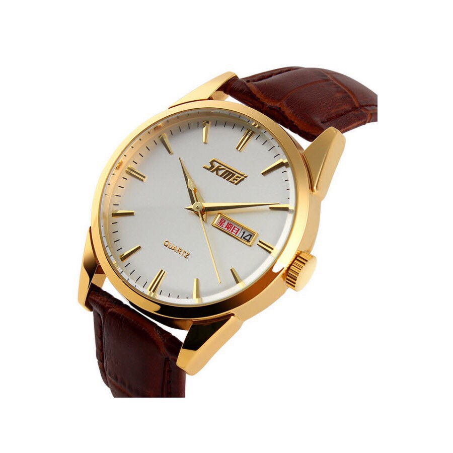 Đồng hồ nam SKMEI dây da SK690 viền vàng mặt trắng sang trọng đẳng cấp | BigBuy360 - bigbuy360.vn