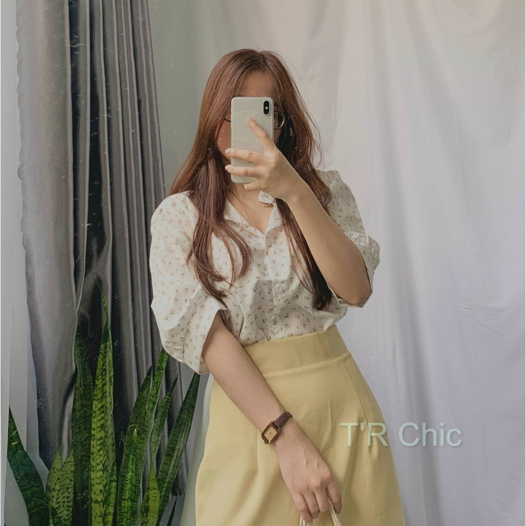Áo Sơ Mi Kiểu Cổ Trụ Tay Phồng Họa Tiết Hoa Nhí Vàng Vải Voan