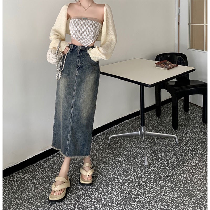 ◎♂Chân Váy Jeans Dài Lưng Cao Phong Cách Retro Cho Nữ