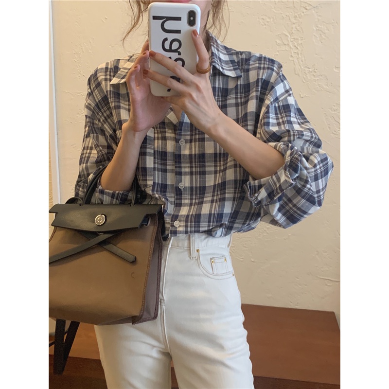 SUXI Áo Sơ Mi Tay Dài Form Rộng Họa Tiết Sọc Caro Phong Cách Retro Hàn Quốc