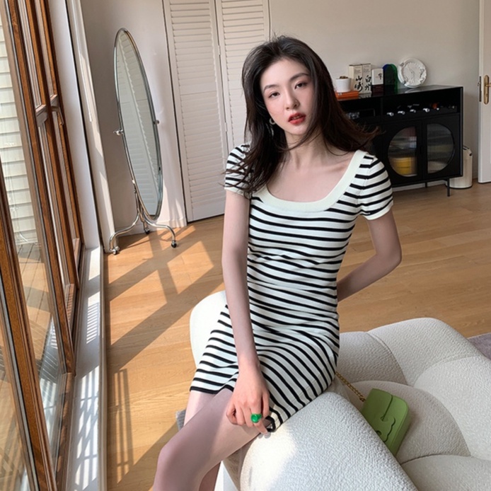 Đầm dệt kim ZHELIHANGFEI ngắn tay cổ vuông họa tiết kẻ sọc thời trang