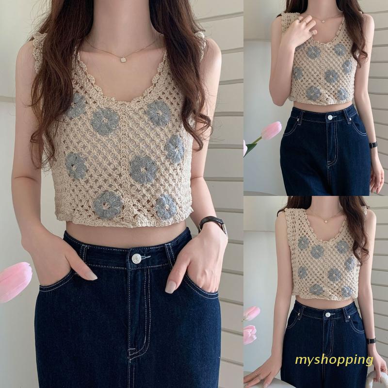 Áo Croptop Cổ Chữ V Thêu Hoa Khoét Rỗng Thời Trang Đi Biển Cho Nữ