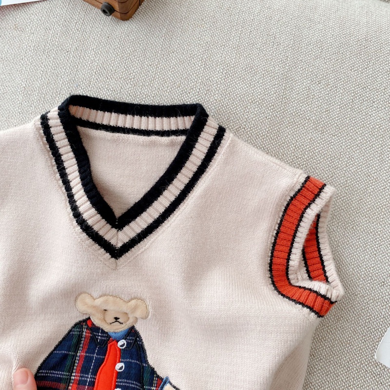 Áo Sweater Dệt Kim Sát Nách In Hình Gấu Hoạt Hình Thời Trang Thu Đông Cho Bé