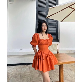 Đầm xòe nhún tay phồng chất linen sang xịn kèm ảnh thật