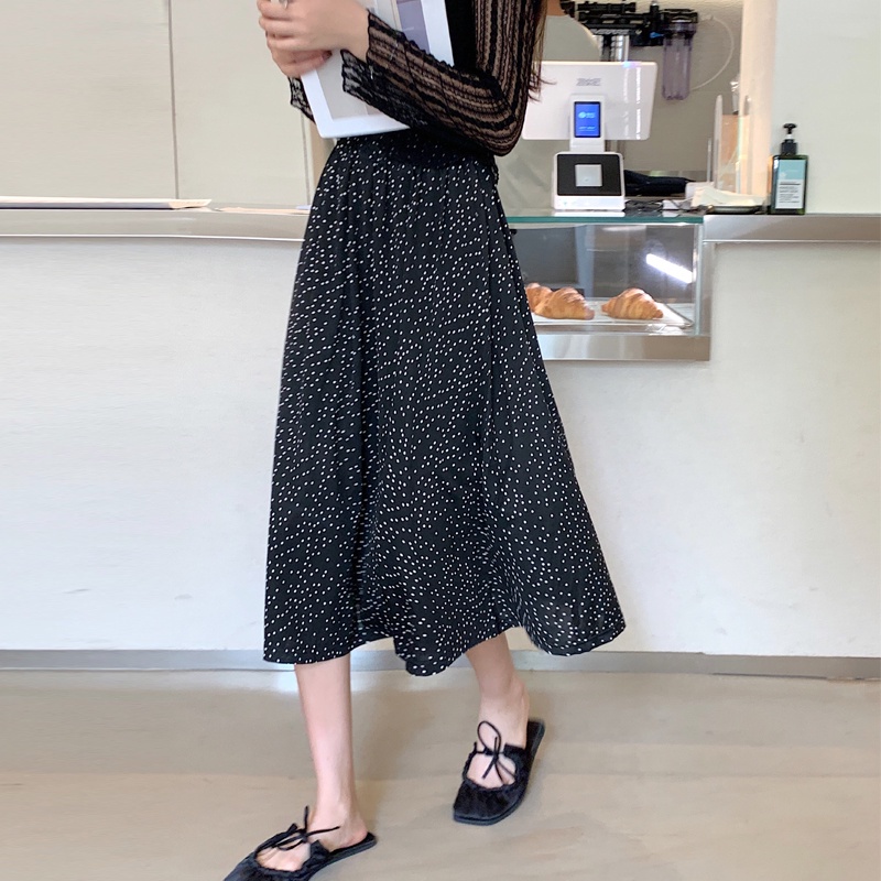 SUXI Chân váy chữ a lưng cao họa tiết chấm bi màu đen thời trang mùa hè cho nữ