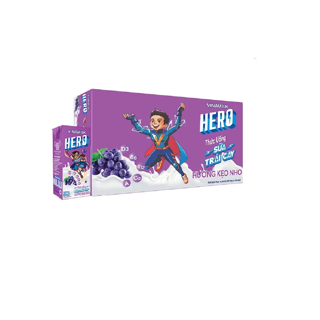 THÙNG 48 HỘP - THỨC UỐNG SỮA TRÁI CÂY HERO VỊ DƯA HẤU/CAM/DÂU/KẸO NHO 110ML