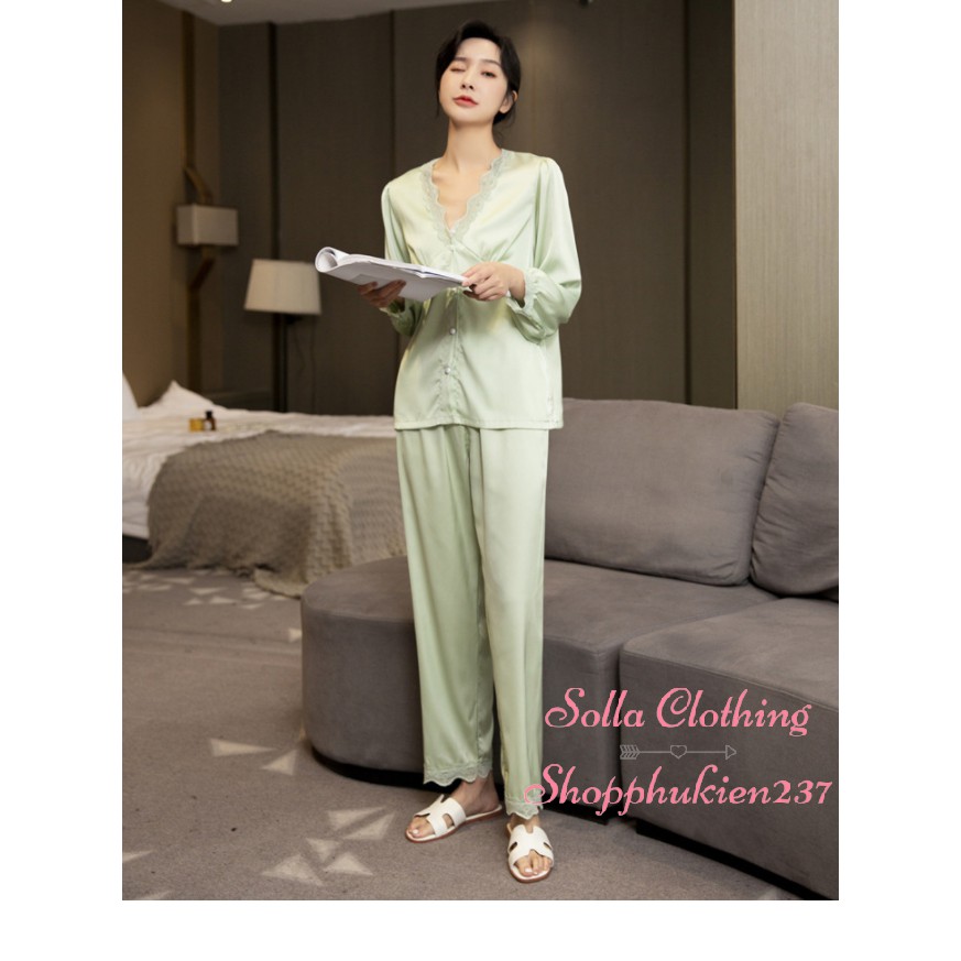 Hàng Cao Cấp Đồ Bộ Ngủ Pijama Lụa Mềm Mịn Cổ Tim Phối Viền Ren Tay Dài Quần Dài - Mã ADQD01