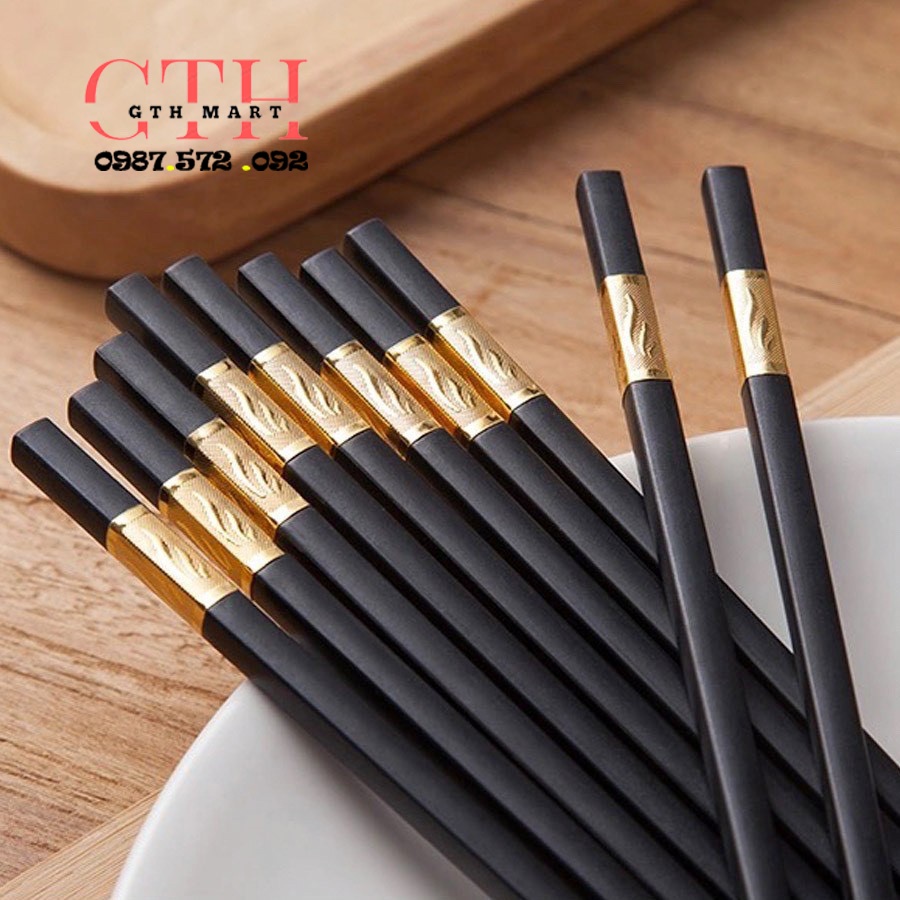 Bộ 10 đôi Đũa mạ vàng, cao cấp, khảm vàng hàn quốc Chống Trơn- Chống Trượt- Chống Mốc- Bền Mầu-GTH MART