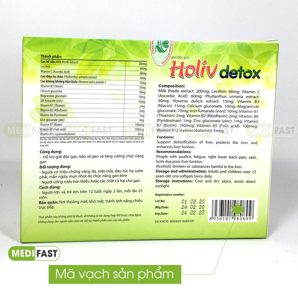 Giải độc gan Holiv Detox hộp 60 viên - bảo vệ gan - tăng cường chức năng gan, ngăn tác hại rượu bia chất kích thích