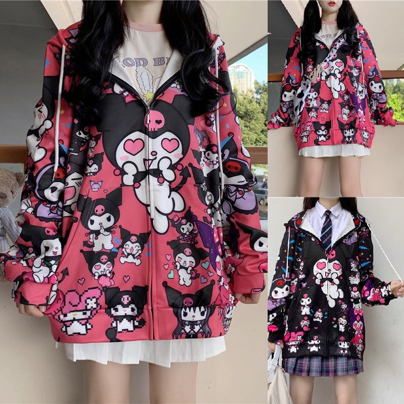 Áo hoodie cardigan &amp; túi xách Kuromi Harajuku cho nữ