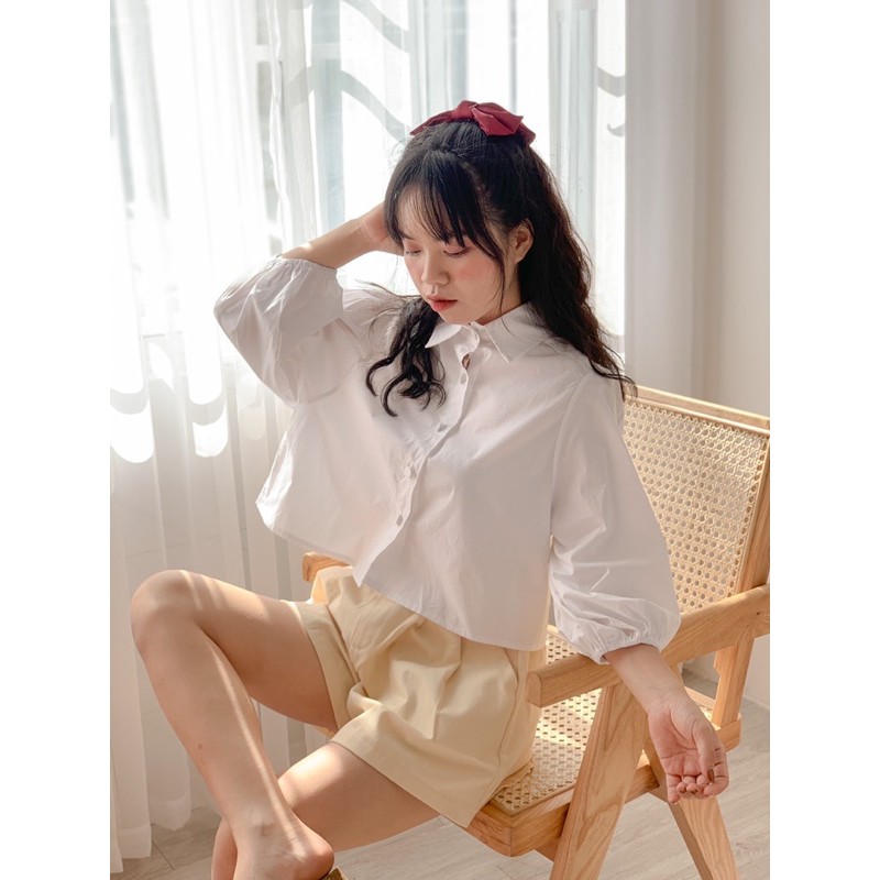 Áo sơ mi trắng cúc bọc vải.