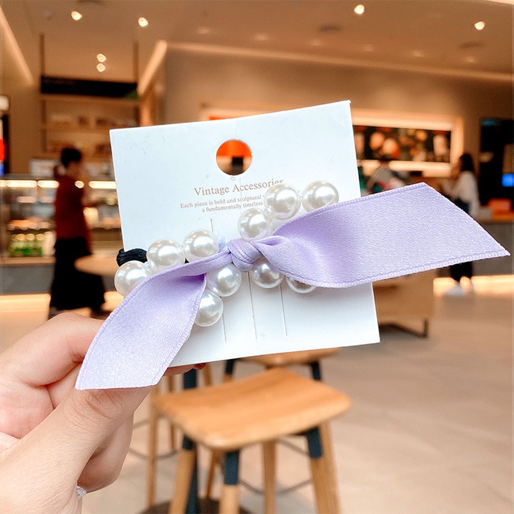 Dây buộc tóc trang trí nơ đính ngọc trai thanh lịch xinh xắn