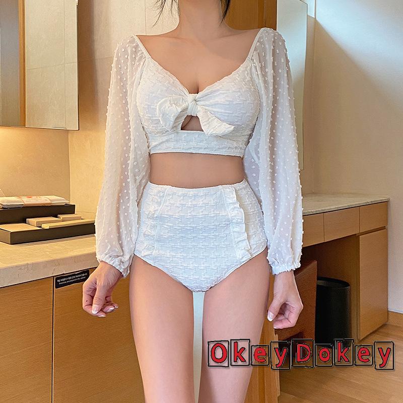 Bộ Bikini 2 Mảnh Màu Trắng Tay Dài Trễ Vai + Quần Lưng Cao Phối Bèo Cho Nữ