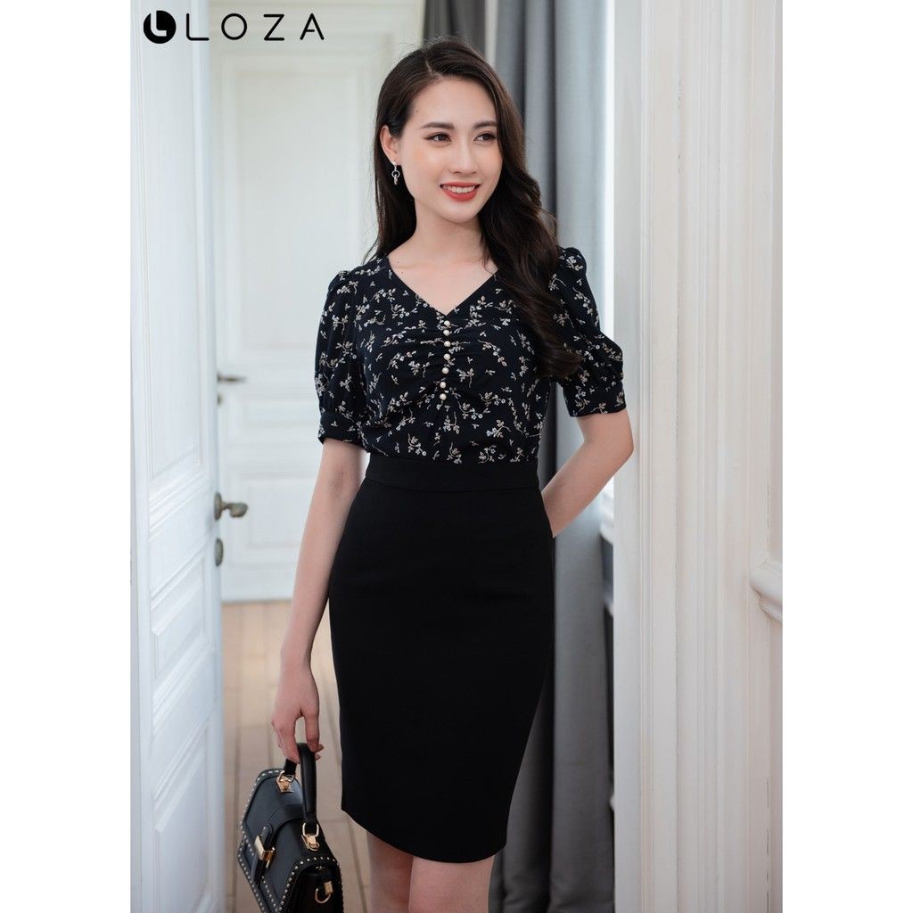 Áo sơ mi kiểu đính ngọc họa tiết hoa nhí LOZA LS1410