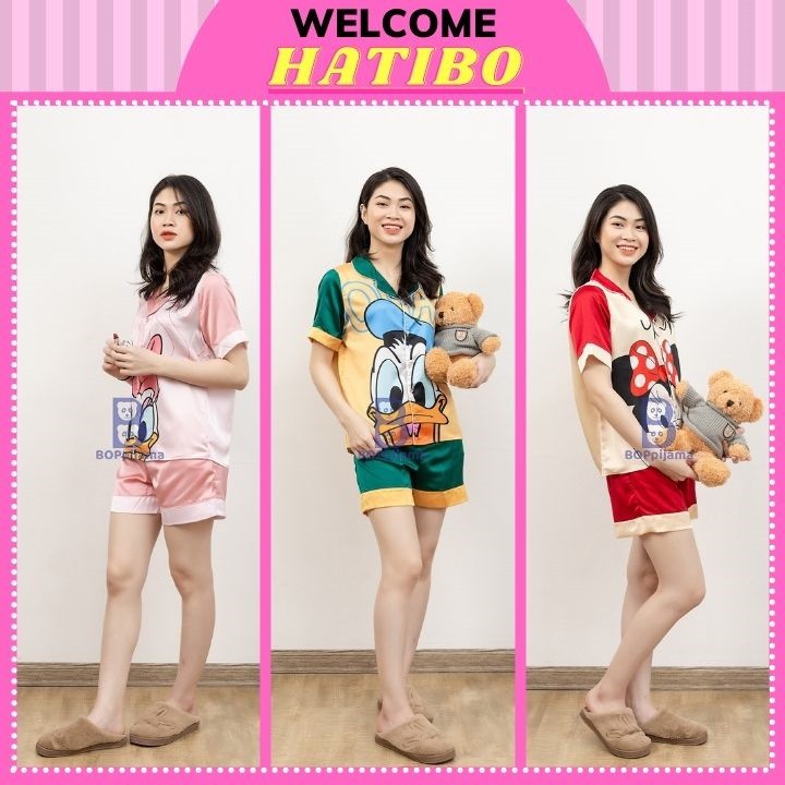 Bộ đồ ngủ nữ pizama tay cộc quần đùi lụa satin, pyjama mặc nhà mát, không nhăn– HATIBO 08