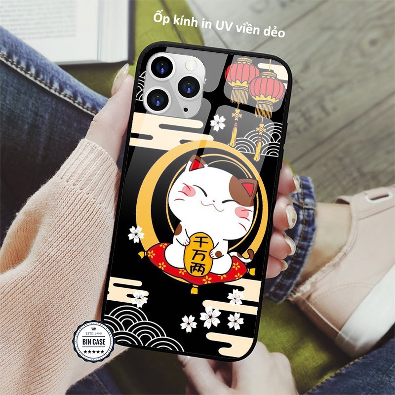 ❤Ốp lưng Mèo Thần Tài thời trang đẹp ❤Ốp Kính màu đen hiện đại iphone 13 12 11 Pro Max 6s 6 7 8 Plus X Xr Xs Max MEO021