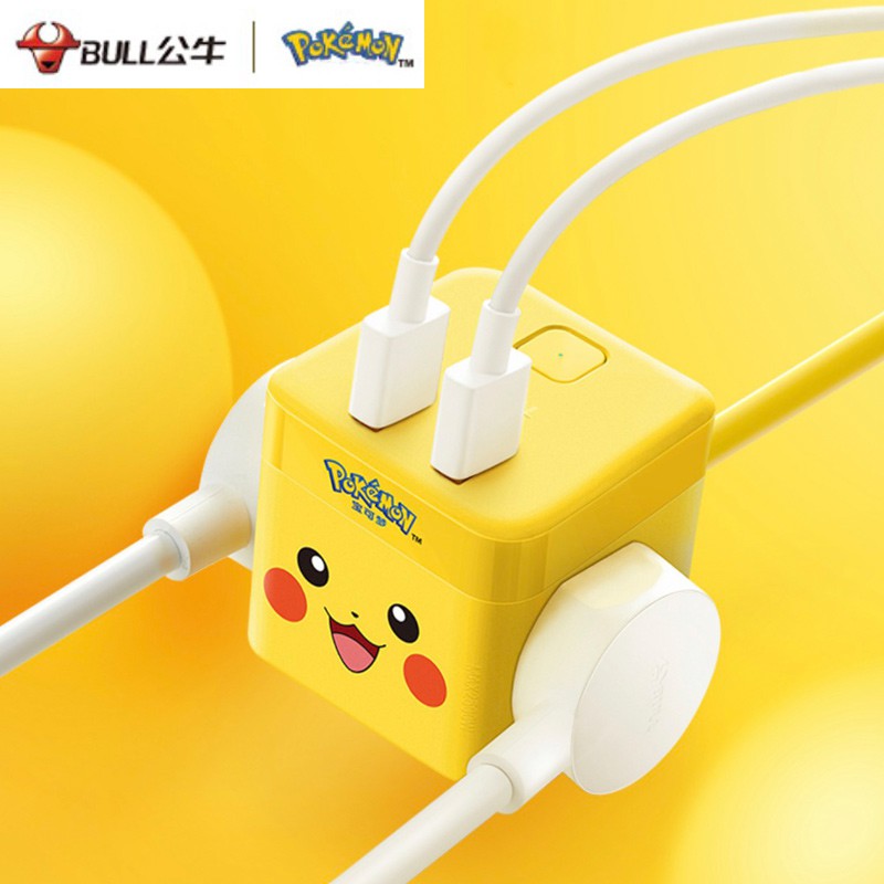 Ổ cắm Bull Pokemon Pikachu Cube Power Strip  Vuông Tích hợp 2 Ổ cắm AC + 2 USB