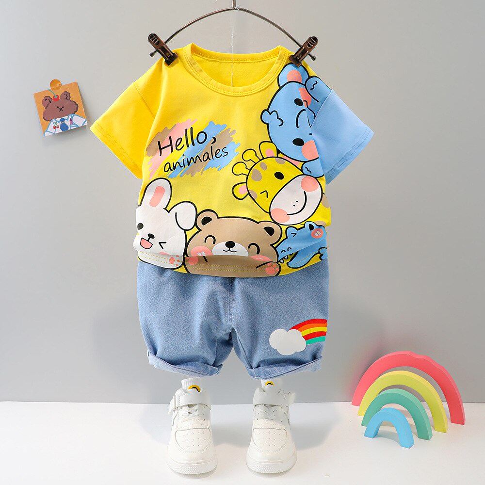 Bộ đồ denim tay ngắn in họa tiết hoạt hình thời trang mùa hè cho bé 1-4 tuổi