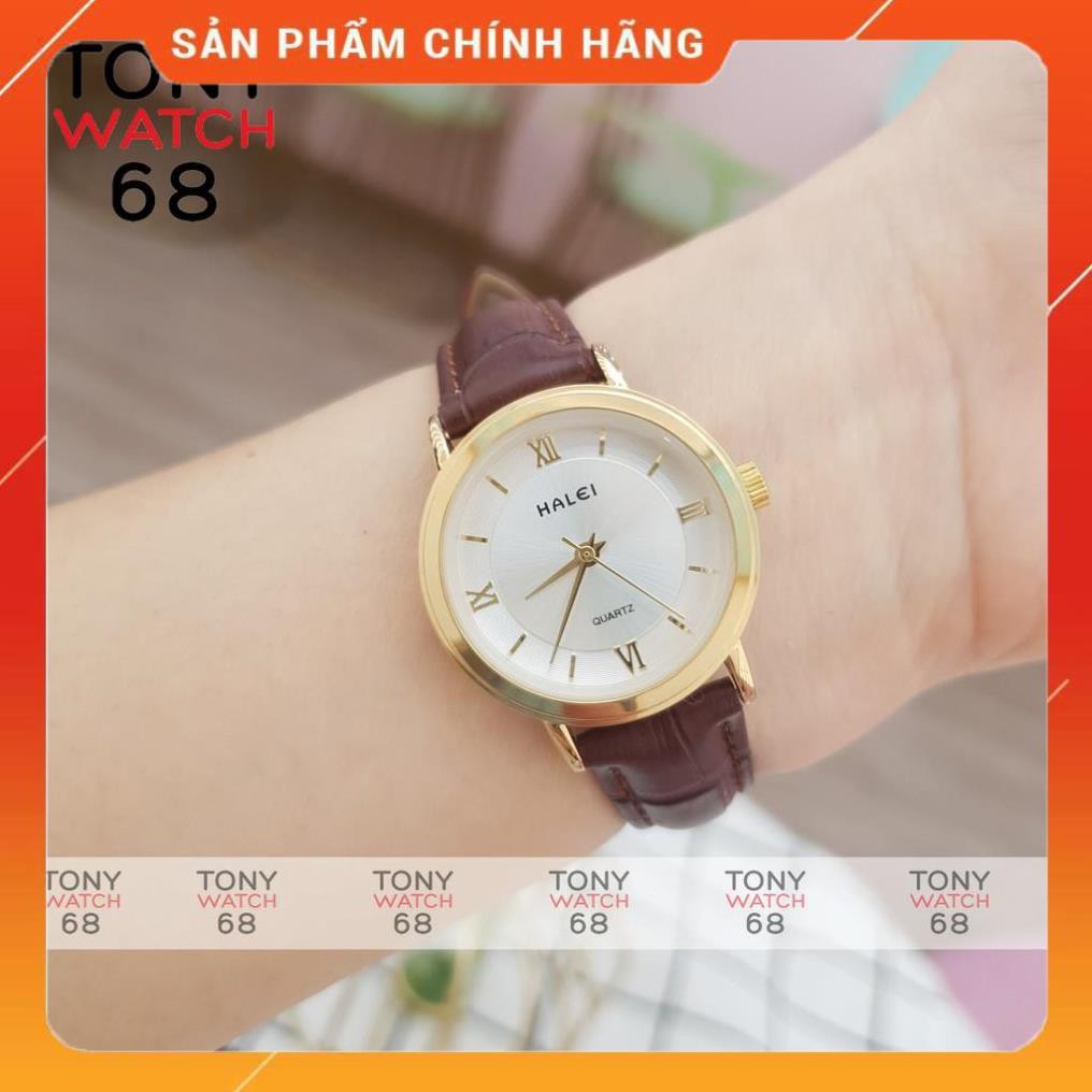 Hot!!! Đồng Hồ Nam Dây Da Nâu Mặt Trắng Viền Vàng Halei Chính Hãng Tony Watch 68 giá re