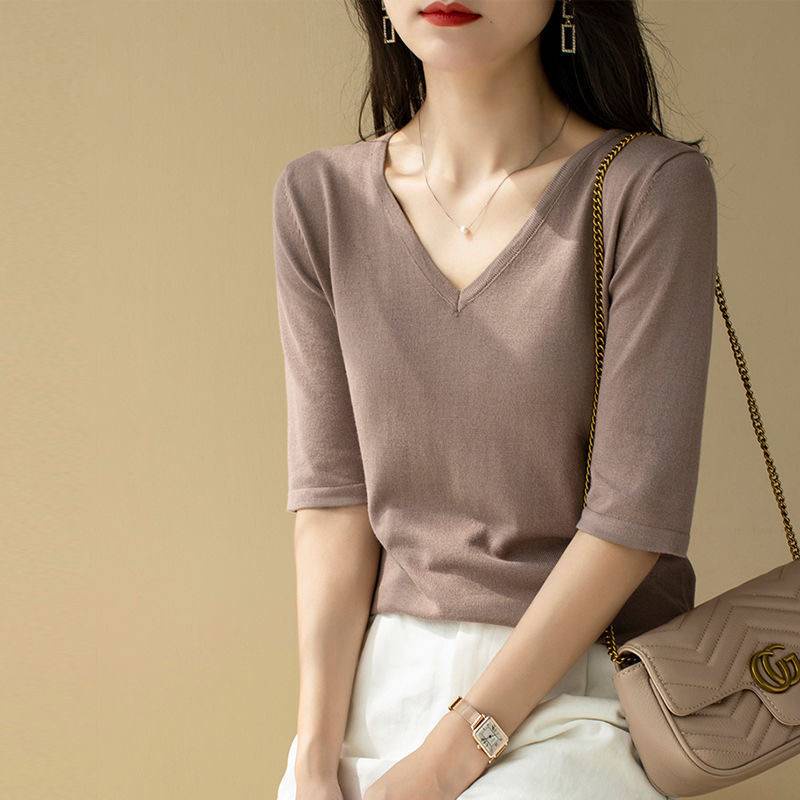 Áo Thun Dệt Kim Tay Ngắn Cổ Chữ V Màu Sắc Đơn Giản Thời Trang Cho Nữ