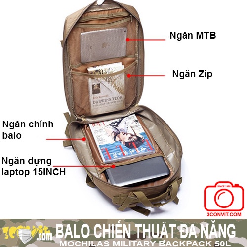 Balo laptop thời trang đa năng phong cách chiến thuật 50L