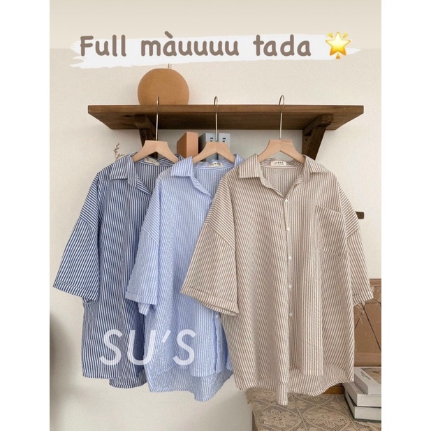 Sơ mi kẻ tăm sọc tay lỡ - sơ mi oversize