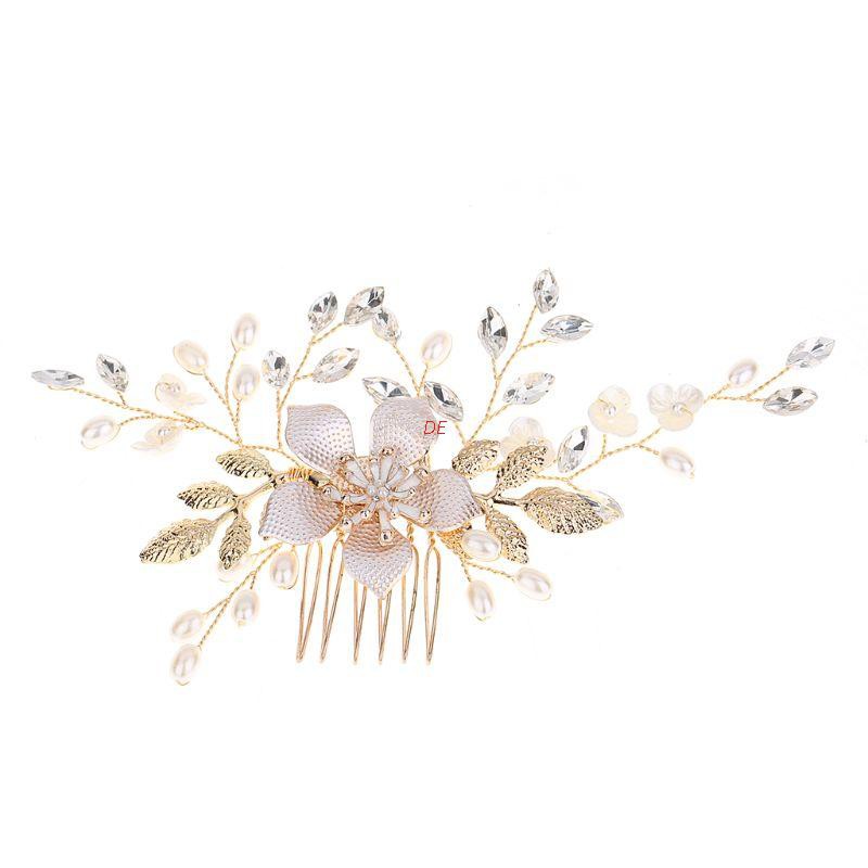 DE  Bride Comb Golden Leaf Floral Pearl Imitation Wedding Party Headdress Headwear Accessories Fashion Vintage Delicate Jewelry Decoration