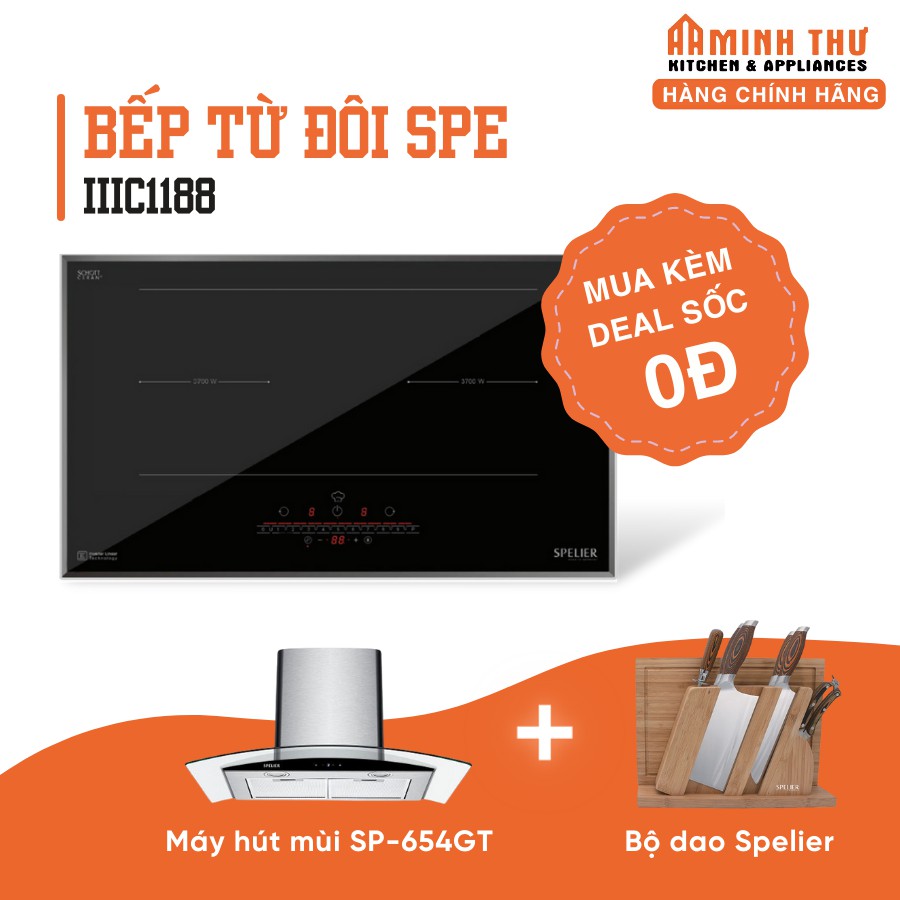 Combo bếp từ đôi Spelier SPE IIIC1188 240V, máy hút mùi SP 654GT và bộ dao Spelier - HÀNG CHÍNH HÃNG, BẢO HÀNH 36 THÁNG