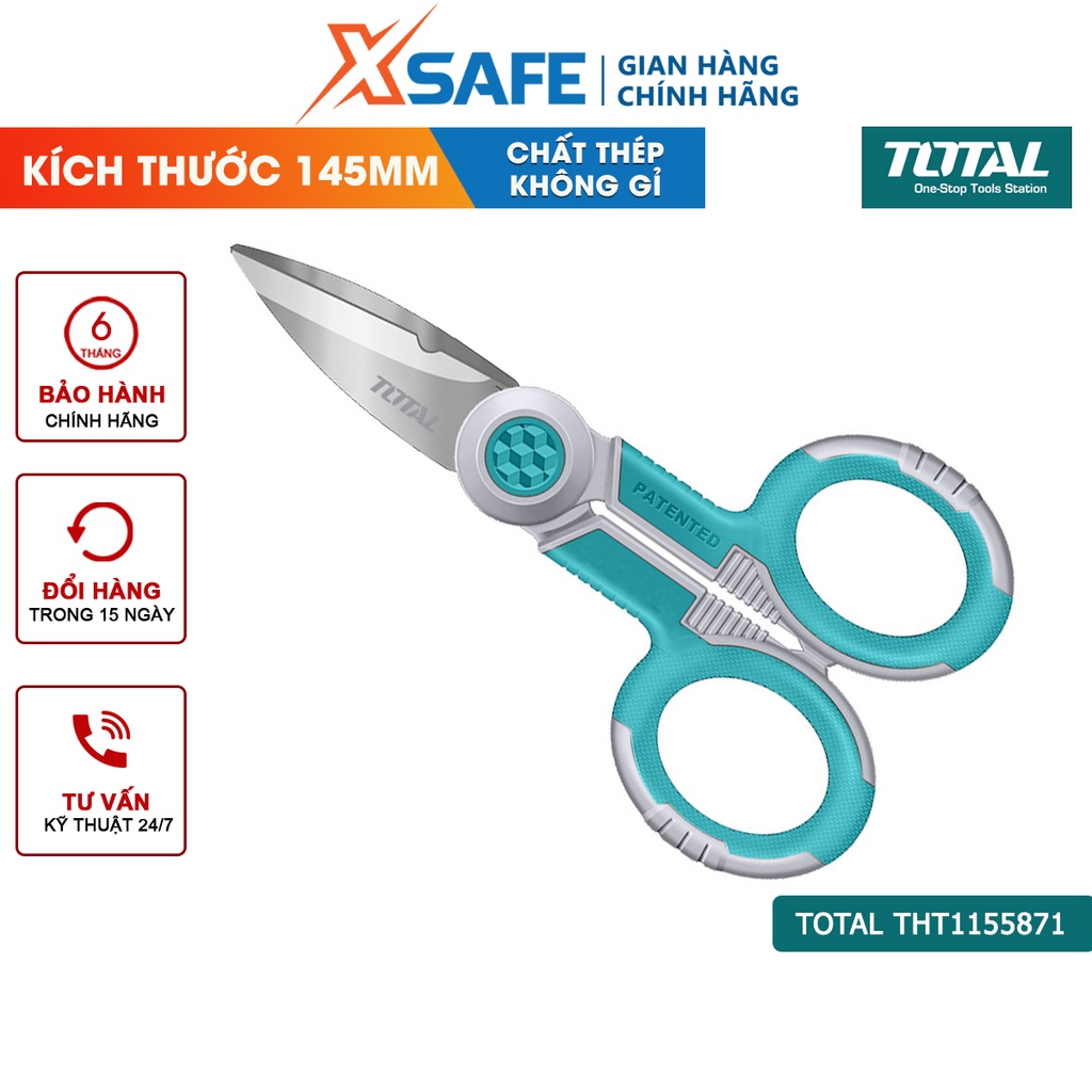 Kéo thợ điện TOTAL THT1155871 145mm chất liệu thép không gỉ, độ dày lưỡi kéo 3.0mm tay cầm độc đáo