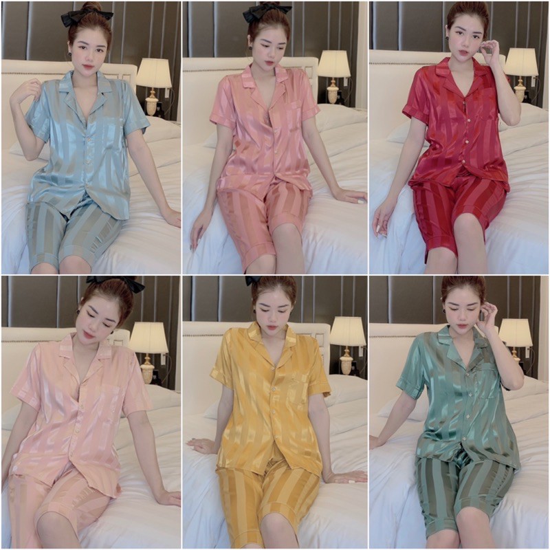 FREESHIP🌸Đồ Ngủ💖Đồ Bộ Pijama Lụa Gấm Áo Cộc-Quần Lửng 🌸Chất Liệu Gấm Tơ Mát Lạnh