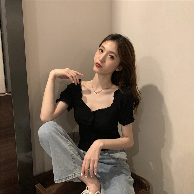 Áo thun SUXI tay ngắn cổ chữ V màu trơn phong cách Hàn Quốc