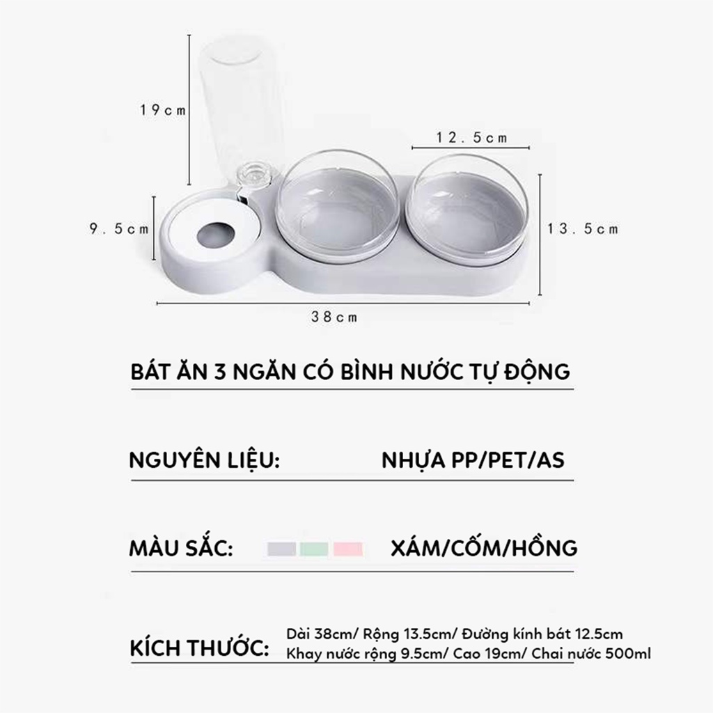 Bát ăn cho mèo, cho chó đơn đôi hai ba ngăn kèm bình nước tự động 500ml PetX