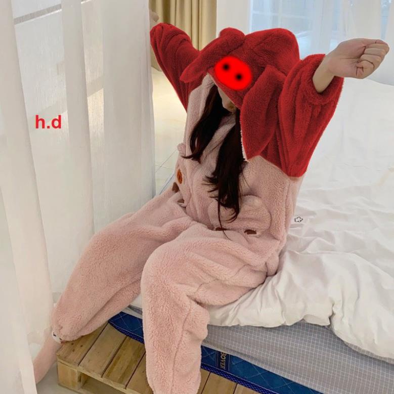 Bộ jumpsuit thêu mặt Lợn dáng liền thân chất lông cừu dày giữ nhiệt tốt form rộng oversize kèm ảnh thật